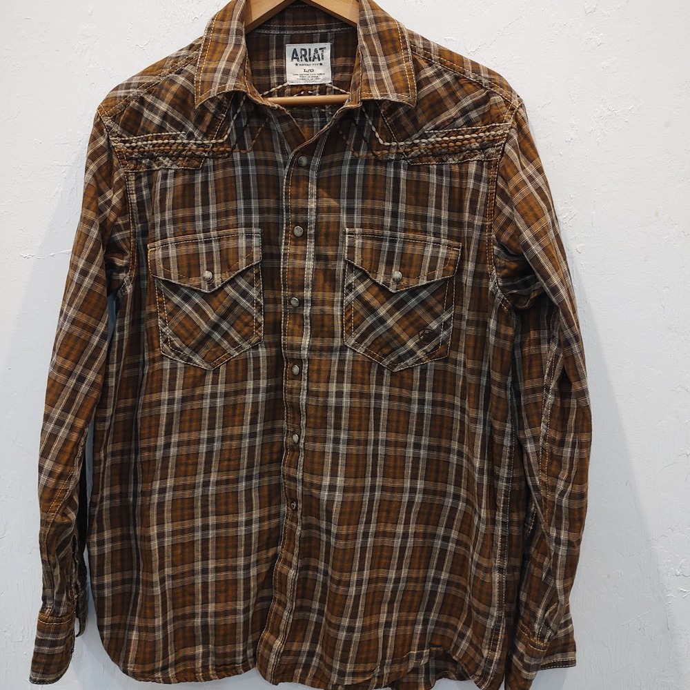 Ariat women Brown Flannel Button Up Sz Large Western Boho Cowgirl Embroidered